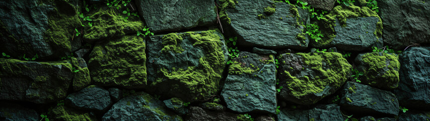 panorama of mossy stone wall background