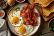 © PinkiePie - A high angle shot of a delicious breakfast spread featuring sunny-side-up eggs, crispy bacon, and toast Breakfast with fried eggs, bacon and toasts