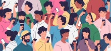 Crowd Using Smartphones. Many People Group Smartphone Obsession, Teens Look Phone Screen Read Internet News Texting, Mobile Network Technology Addiction Classy Vector Illustration