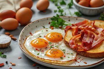 Wall Mural - A high angle shot of a delicious breakfast spread featuring sunny-side-up eggs, crispy bacon, and toast Breakfast with fried eggs, bacon and toasts