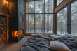 Modern bedroom interior with fireplace and large panoramic windows with forest views