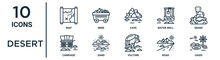 Desert Outline Icon Set Such As Thin Line Map, Cave, Snake, Sand, Road, Oasis, Carriage Icons For Report, Presentation, Diagram, Web Design