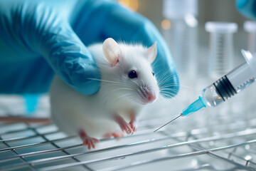 Wall Mural - scientist in protective gloves holding little mouse in his hands and making an injection during experiment