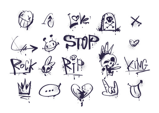 Spray wall graffiti elements. Graffiti scratch word brush aerosol silhouette, airbrush creative urban art grunge doodle street style marker rap element, classy vector illustration