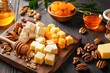 Cheese plate served with nuts, honey and dried apricots