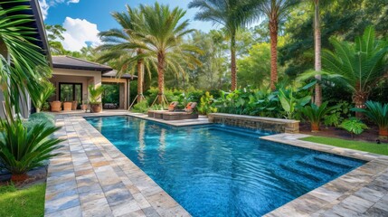 Poster - A pool in a backyard surrounded by lush green trees, AI