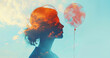 © byerenyerli - Double exposure of a businesswoman holding a balloon and a cloud.