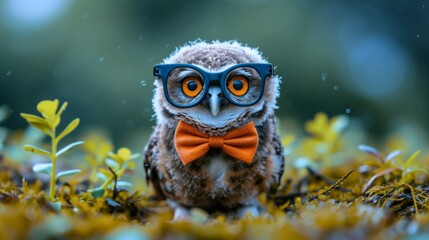 Canvas Print - A small owl wearing glasses and a bow tie sitting on the ground, AI