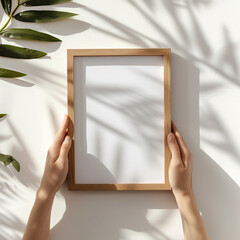 a pair of hands holding a light wooden vertical a4 sized frame mockup with green leaves and shadows