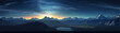 panoramic view of the sunrise over the mountains, background with a size ratio of 32:9