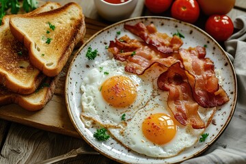 Wall Mural - A high angle shot of a delicious breakfast spread featuring sunny-side-up eggs, crispy bacon, and toast Breakfast with fried eggs, bacon and toasts