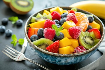 Sticker - Front view of a bowl full of fresh multicolored chopped fruits 