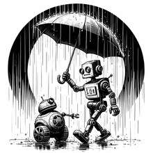 RoboUmbrella: Cute Mech In Rain - Futuristic Illustration Design, Adorable Robot With Stylish Gadget, Digital Artwork For Modern Aesthetics, Tech Character In Rainy Weather - Creative Concept