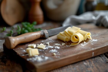 Wall Mural - Front view of a cutting board with two butter curls and a butter knife on top. 