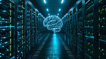Neural Network Hologram in Server Room.
Holographic brain structure in the centre of a data server corridor.