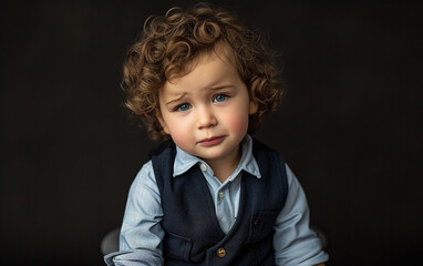 Wall Mural - Young Boy With Curly Hair Wearing Blue Shirt and Black Vest