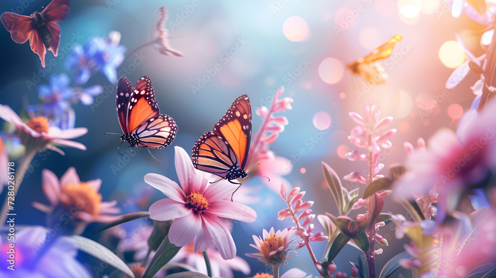 Spring Background with flowers and butterflies in lilac blue colors ...