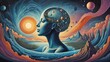 Diving into the Complexities of State of Mind. Surreal Artwork for content illustration like Meditation Stresses in Anxiety, Mental Health, Religion, Meditation, Science, Healing Therapy, Wallpaper