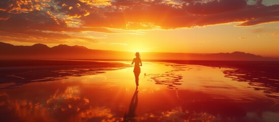 Wall Mural - Lady Embarks on a Breathtaking Sunset Run in the Serene Desert