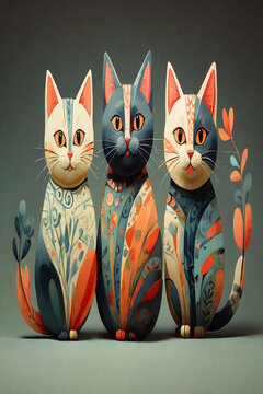 Trio of Stylized Cats in a Whimsical Autumn Setting