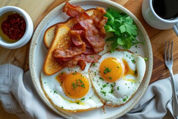 Wall Mural - A high angle shot of a delicious breakfast spread featuring sunny-side-up eggs, crispy bacon, and toast Breakfast with fried eggs, bacon and toasts