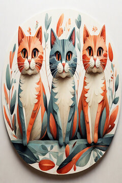 Trio of Stylized Cats in a Whimsical Autumn Setting
