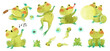 Cute funny green frog, toad watercolor illustration with eggs and tadpole clipart