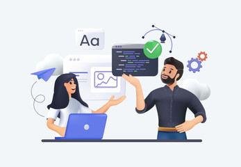 Fototapete - Web development creating mobile web page. Programmers making website, female and male developers working on software. Man generating idea, woman making interface 3D vector illustration