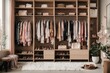 There are shelves, rods, and drawers in this contemporary, minimalist woman's wardrobe. Accessory storage and organization space in the dressing room. luxury walk-in closet interior design	

