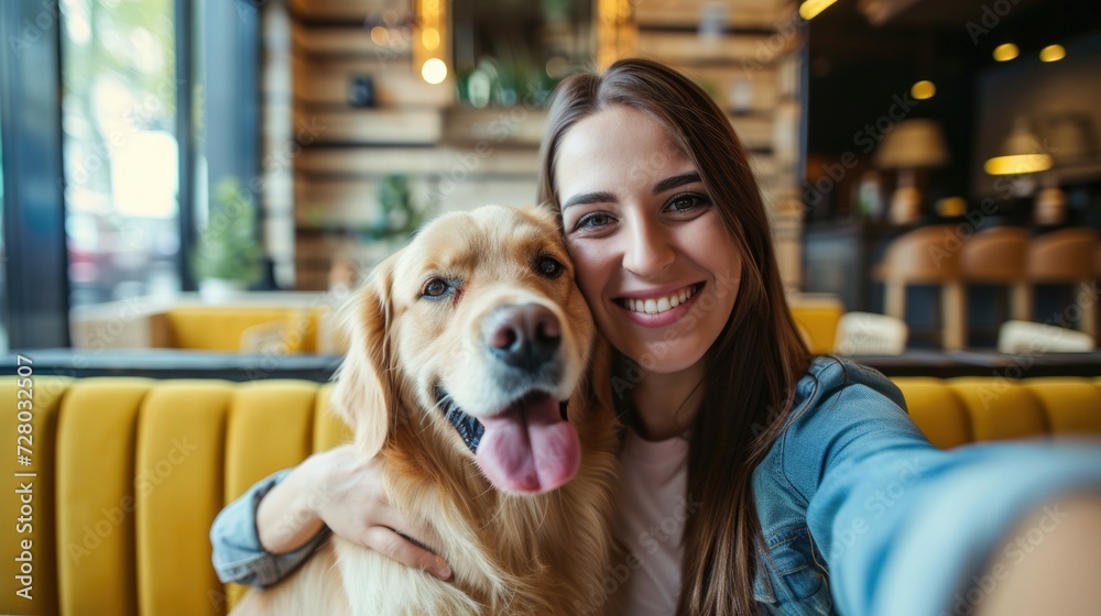 Happy female owner with her dog in a cafe, is holding and hugging her ...