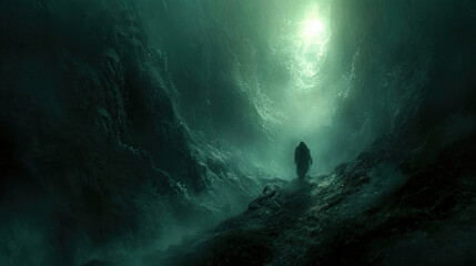 Wall Mural - A man walking through a dark valley toward the heavenly light trusting in God Generative AI Illustration