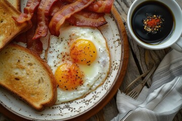 Wall Mural - A high angle shot of a delicious breakfast spread featuring sunny-side-up eggs, crispy bacon, and toast Breakfast with fried eggs, bacon and toasts