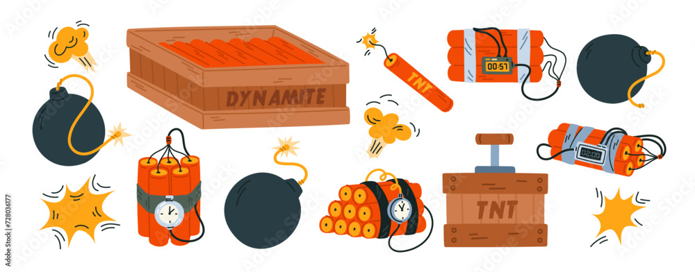 Dynamite and bombs. Wooden box with explosives. Burning wicks. Hand ...