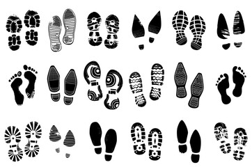 Black shoe footprints. Silhouette boot prints. Human steps traces. Sneakers sole imprints. Foot stamps. Grunge texture. Barefoot leg trails. Isolated pair footmarks. Recent vector set