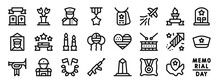 Set Of 24 Outline Web Memorial Day Icons Such As Cemetery, Flowers, Officer, Medal, Dog Tag, Flypast, Torch Vector Icons For Report, Presentation, Diagram, Web Design, Mobile App