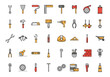 Repair tools and construction equipments line and fill icon set vector