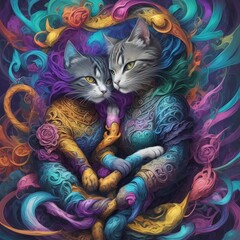 Poster - AI generated illustration of two cats cuddling together in a cozy pose