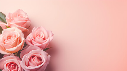 Wall Mural - close up of beautiful bunch of pink roses flowers on decent light rose background - the background offers lots of space for text