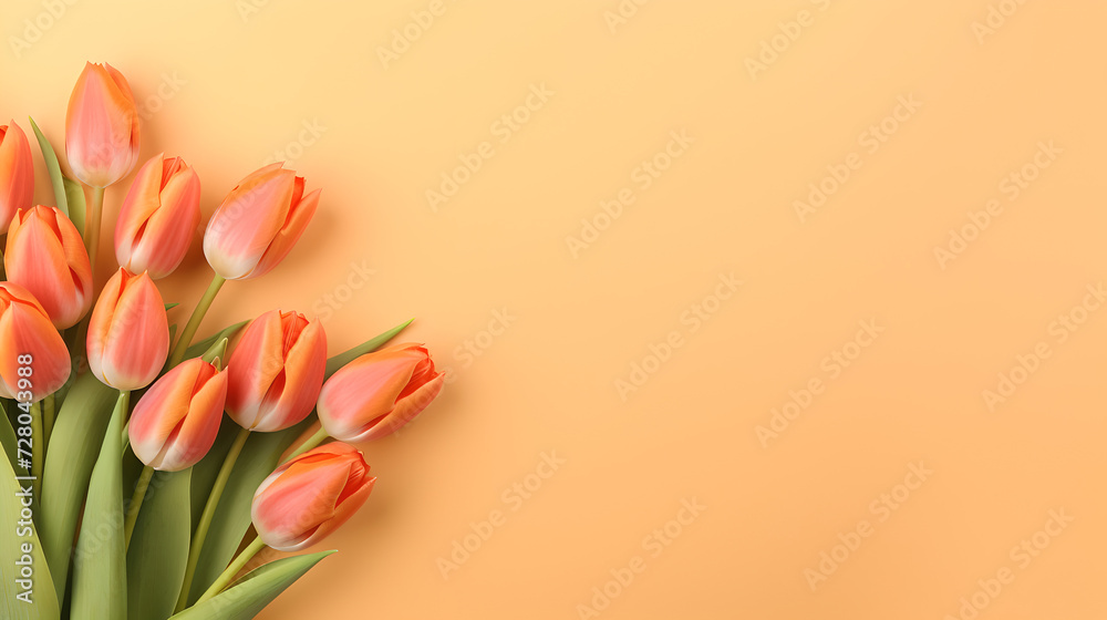 orange tulips flowers on decent light orange pastel background - the background offers lots of space for text	