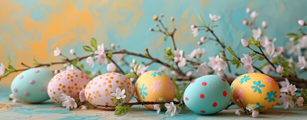 Wall Mural - Easter eggs and spring blossom branches on turquoise background