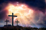 Fototapeta Do akwarium - Resurrection - Crosses On Hill At Sunset - Abstract Glittering In The Sky And Vintage Colors Effects