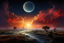 Surreal Landscape With Large Moon, Planets, And A Vivid Sunset Over A Desert