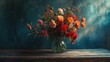 Flower vase bouquet on wooden table on isolated dark background. copy space. generative AI