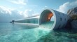 Tidal energy barrage 3D structure spanning a coastal estuary, harnessing the power of tidal currents, tidal energy generation, marine renewable energy, sustainable tidal power