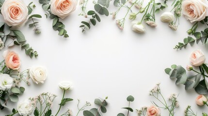 Wall Mural - Pastel flowers rose and greenery on a isolated white background. with copy space. generative AI