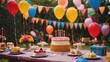 A photo of a birthday party. The party is being held in a backyard. There are balloons, streamers, and a cake.