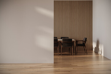 Wall Mural - Modern interior design of apartment, dining room with table and chairs, empty living room with white wall.