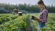 © lililia - a female farmer holding a tablet device, utilizing AI technology to control agriculture drones, providing an overview of the AI integration in modern agricultural practices.