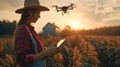 © lililia - a female farmer holding a tablet device, utilizing AI technology to control agriculture drones, providing an overview of the AI integration in modern agricultural practices.