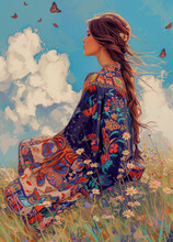 Pretty Girl Sitting On The Hill Beautiful And Pensive Looking At The Clouds, Wearing Colorful Embroidered Blouse